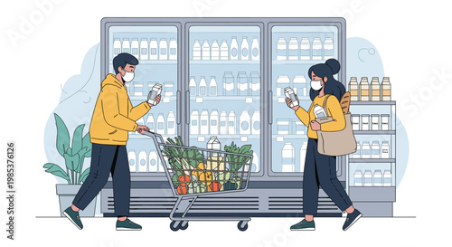Young couple wearing protective face masks while shopping for groceries in the dairy aisle of a modern supermarket.