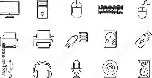 Black and White Line Art Icons of Computer Peripherals and Accessories