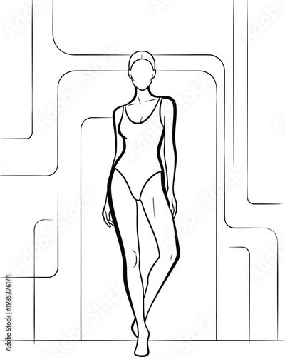 Fashion sketch of a woman in a sleeveless bodysuit and high heels
