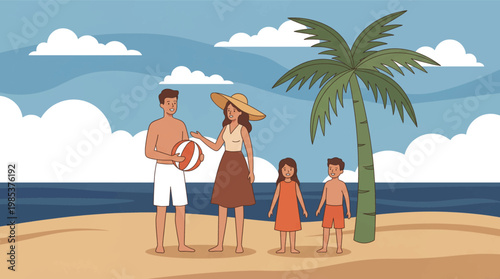 Family with Two Children Having Fun on a Sandy Tropical Beach
