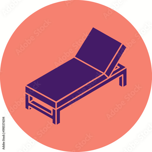 Modern Purple Chaise Lounge Icon on Coral Circle Background, Minimalist Furniture Design for Interior Decor and Lifestyle Concepts