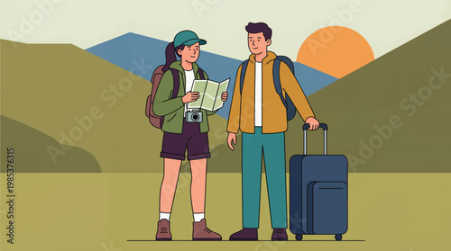 Couple of Hikers with Map and Luggage Ready for Adventure