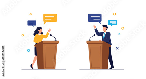 Two diverse politicians standing at podiums during a public debate or political speech with colorful speech bubbles.