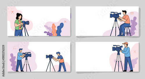 Collection of professional videographers and cameramen using different types of cameras and tripods for video filming.