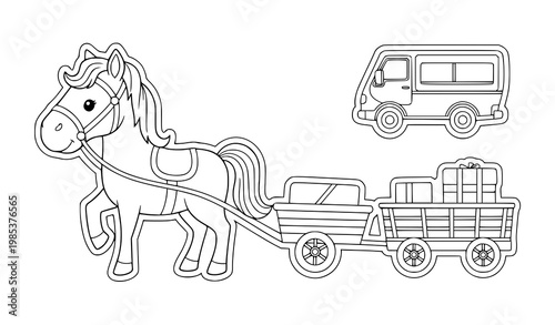 Adorable horse sticker icon with wagon transportation coloring book outline vector illustration for children
