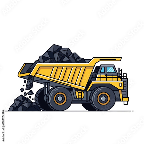 Yellow Mining Dump Truck Hauling Coal, Industrial Heavy Machinery Illustration