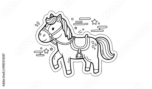 Cute horse riding transport sticker icon coloring page with saddle outline doodle vector for kids