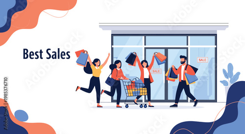 Group of happy friends carrying many shopping bags while walking out of a store during a seasonal best sales event.