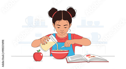 Little girl with space buns pouring milk into her cereal bowl in a modern kitchen while following a cookbook recipe.