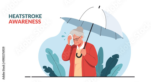 Senior woman wiping her forehead with a handkerchief under an umbrella to demonstrate heatstroke awareness during summer.