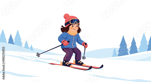 Happy young girl skiing down a gentle snowy slope in the mountains during a wonderful winter vacation with pine trees.