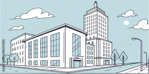 Modern generic global city skyline in daytime, flat vector illustration, clean geometric buildings