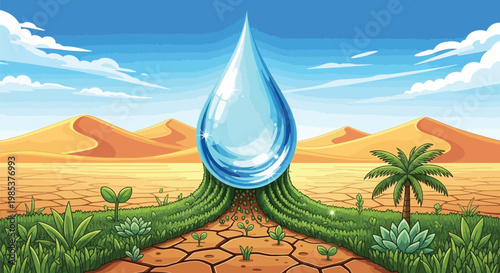 Giant glowing blue water drop floating above a patch of lush green vegetation growing in the middle of dry sand