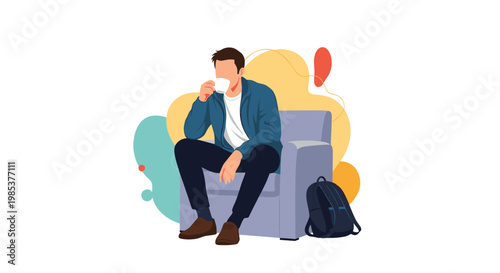 Relaxed man sitting in a cozy grey armchair while drinking hot coffee with his blue backpack resting beside him.