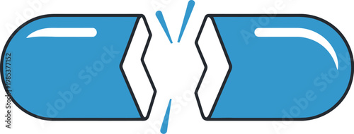 Blue medicinal pill is broken into two halves to represent the concept of stop taking medication or medical health treatment