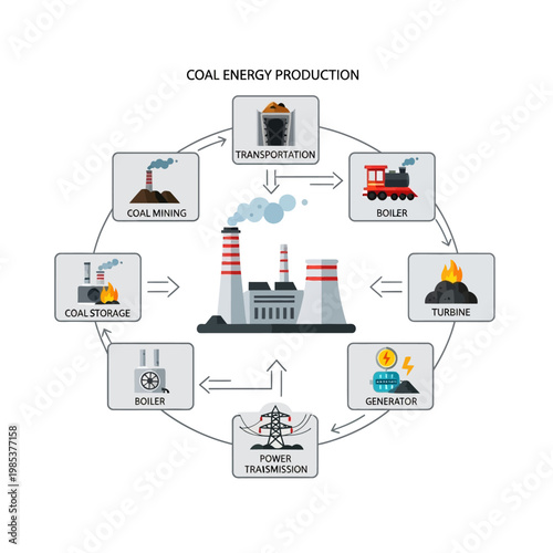 Coal Power Plant Energy Production Cycle Diagram: Mining to Transmission