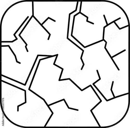 Minimalist outline icon showing a square shape with intricate cracked patterns used for representing dryness or damage in design projects