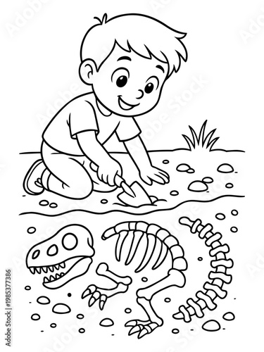 Young Paleontologist's Discovery: A young boy, absorbed in the thrill of discovery, carefully unearths a dinosaur skeleton, evoking the wonder and excitement of exploration. 
