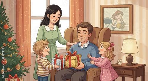 Happy family members sharing christmas gifts and warm festive moments together in a cozy living room during the winter holiday