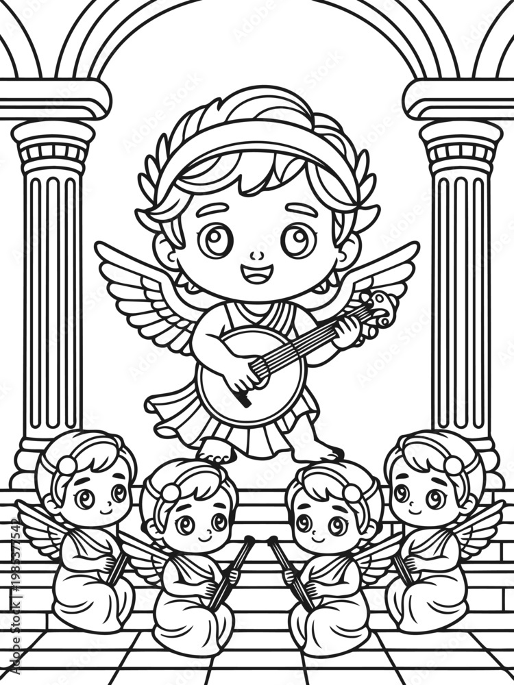 Naklejka premium Celestial Serenade: A cherubic musician and his angelic choir fill the air with joyful melodies, captured in a delightful illustration.