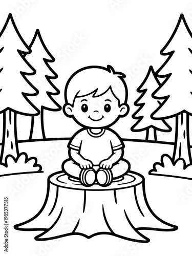 Joyful Solitude: A serene child finds peaceful contemplation seated atop a tree stump within a tranquil forest, embracing the quiet beauty of nature.