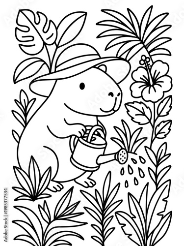 The Gardener's Helper: A whimsical illustration depicts a friendly rodent diligently tending to a lush garden, holding a watering can under the shade of a straw hat.