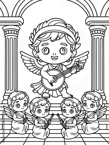 Celestial Serenade: A cherubic musician and his angelic choir fill the air with joyful melodies, captured in a delightful illustration.
