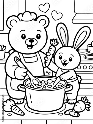 Kitchen Companions' Culinary Collaboration: Two adorable animal friends, a bear and a rabbit, bond and work together as they create a delicious meal in a cozy kitchen.