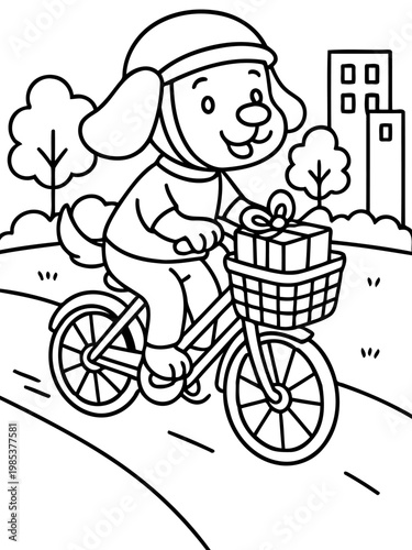 Puppy Delivery: A cheerful puppy rides a bicycle, delivering a gift through a charming cartoon scene filled with excitement and youthful energy.