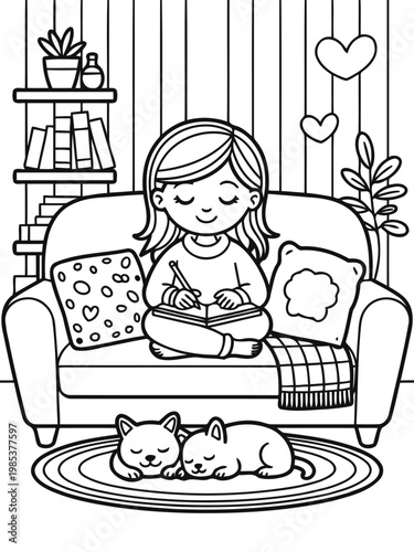 Cozy Corner: A young woman finds solace in her tranquil abode, writing in a journal amidst soft cushions, with sleeping cats.