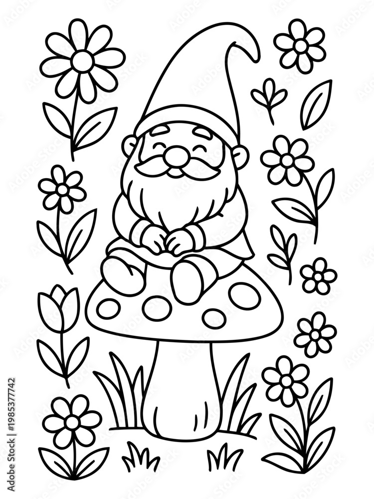 Fototapeta premium Garden Gnome's Spring Serenade: A whimsical garden gnome, with a pointed hat and a jovial smile, sits serenely atop a mushroom surrounded by blooming flowers.