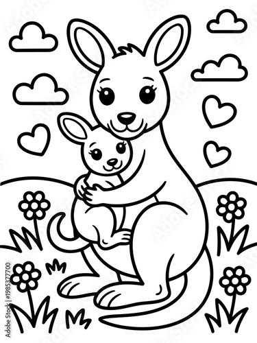 Maternal Bond: Adorable mother kangaroo tenderly embraces her joey in a heartwarming display of love and protection, set against a backdrop of soft clouds and gentle flowers.