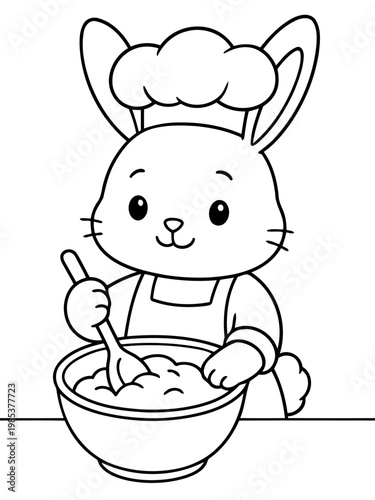 Bunny Chef: An adorable bunny donning a chef's hat and apron merrily stirs a bowl. This playful illustration, perfect for culinary and children's content, exudes warmth and creativity.