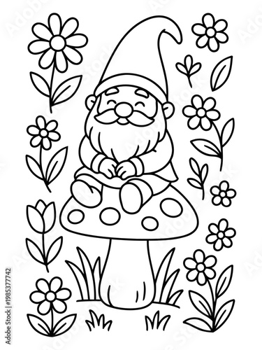Garden Gnome's Spring Serenade: A whimsical garden gnome, with a pointed hat and a jovial smile, sits serenely atop a mushroom surrounded by blooming flowers.