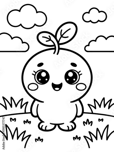 Cute Cartoon Sprout Illustration: A cheerful cartoon sprout smiles happily in a delightful outdoor setting, accompanied by fluffy clouds, grass, and a sweet, endearing demeanor.