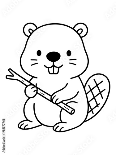 Cute Beaver Cartoon: A charming cartoon beaver, complete with buck teeth and a textured tail, clutches a piece of wood, exuding a playful vibe.