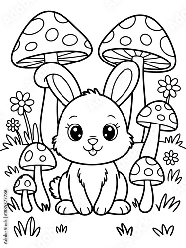 Whimsical Bunny in Magical Garden: A cute and innocent bunny sits surrounded by cartoon mushrooms and flowers in an imaginary garden, perfect for children coloring books.