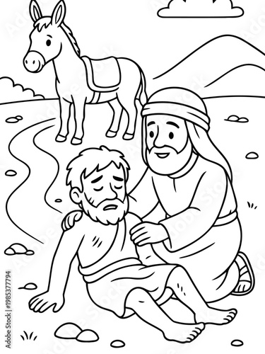 Good Samaritan's Kindness: A poignant illustration captures a moment of compassion as one person assists an injured individual, while a donkey stands nearby.