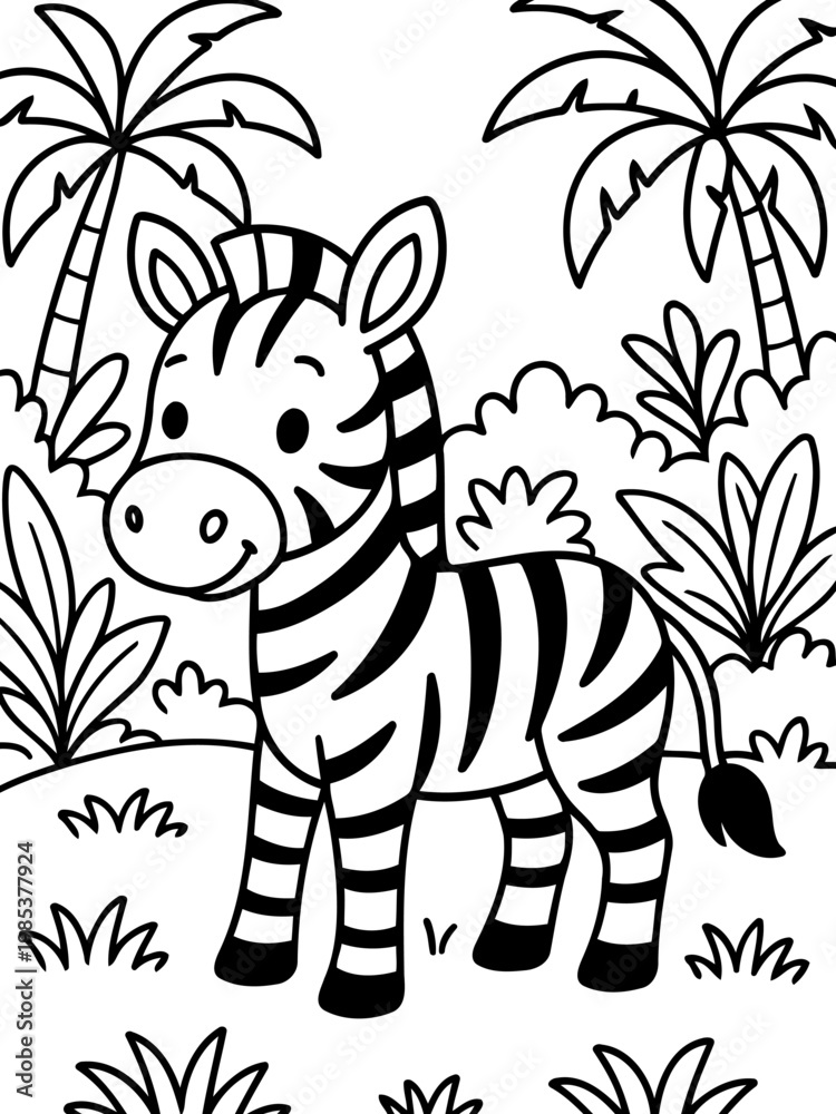 Fototapeta premium Playful Zebra in Paradise: A whimsical black and white illustration of a cheerful zebra, surrounded by tropical foliage and palm trees, radiating a sense of joyful adventure.
