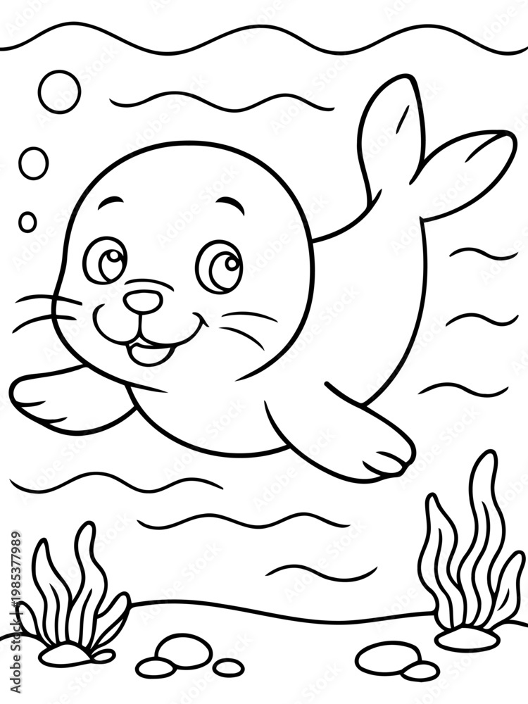 Naklejka premium Happy Seal Underwater: A cheerful seal swims gracefully underwater. Surrounded by bubbles and aquatic plants, this charming illustration captures the playful spirit of marine life.