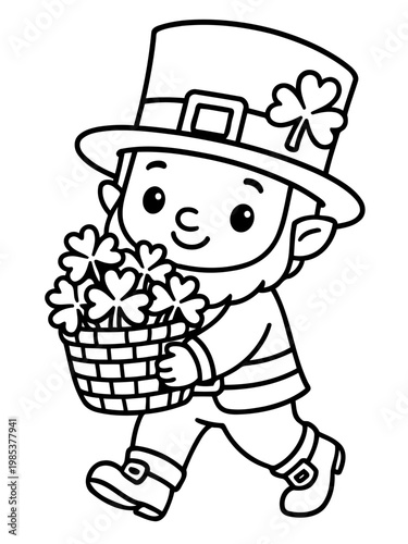 Leprechaun's Shamrock Offering: An endearing leprechaun, adorned in his iconic hat, merrily strolls, cradling a basket brimming with lucky shamrocks