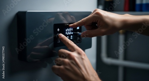 Close-up of a person's hands adjusting the digital display on a modern gray boiler control panel, indicating temperature settings.