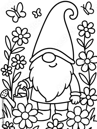 Whimsical Garden Gnome: An illustrated garden gnome, a whimsical figure, is depicted amidst a vibrant flower garden and playful butterflies, creating a delightful scene of enchantment and charm.