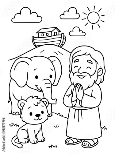 Noah's Ark Illustration: A heartwarming illustration depicts Noah alongside a lion, an elephant, and the ark, symbolizing faith and preservation.