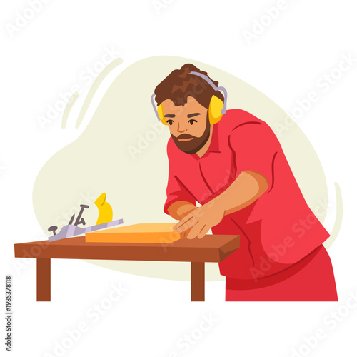 A person working with wood in flat graphic style on a light background, showing craftsmanship and skill. Vector illustration