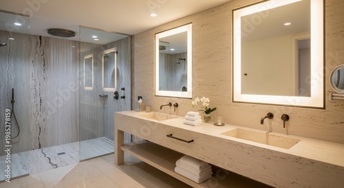 Luxurious modern bathroom with a spacious walk-in shower, double vanity, and illuminated mirrors.