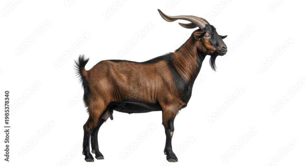 Fototapeta premium Majestic brown goat with large curved horns, profile view of a domestic male goat, farm animal livestock with black markings and beard isolated PNG with Transparent Background