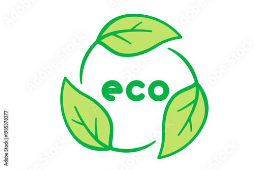 ecoの文字と3枚の葉の円形デザイン シンプル線画のベクターイラスト