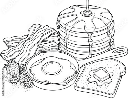 Illustration of a hearty breakfast with pancakes, bacon, and eggs