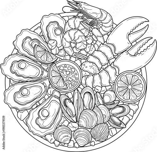Illustration of a seafood platter with lobster, oysters, and lemon